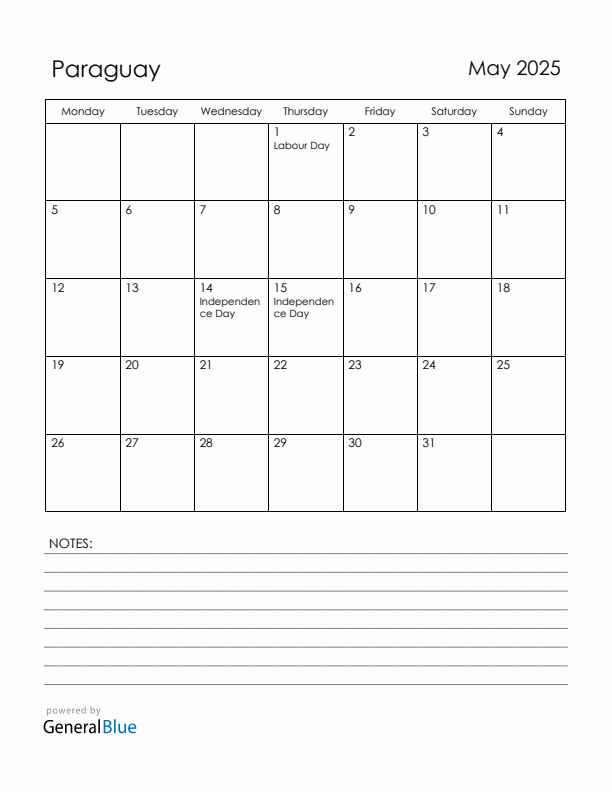 May 2025 Paraguay Calendar with Holidays (Monday Start)