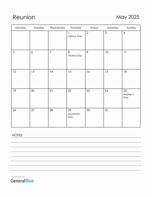 May 2025 Reunion Calendar with Holidays (Monday Start)
