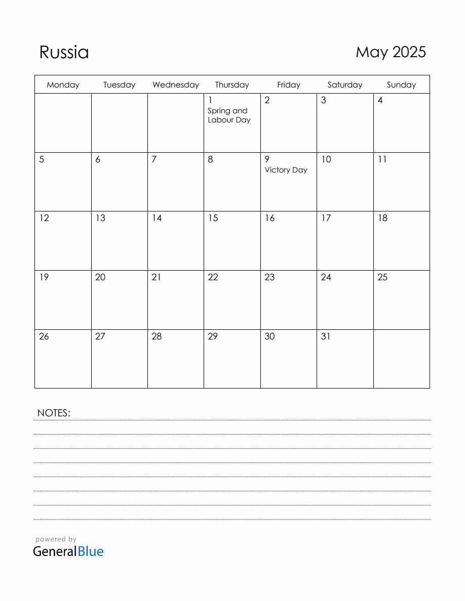 May 2025 Russia Calendar with Holidays