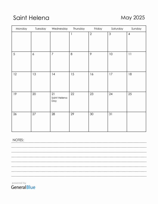 May 2025 Saint Helena Calendar with Holidays (Monday Start)