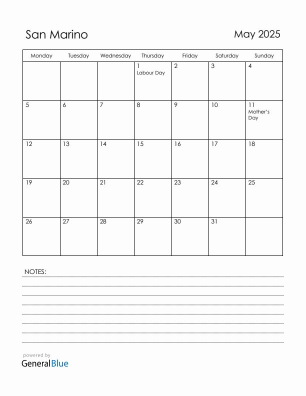 May 2025 San Marino Calendar with Holidays (Monday Start)