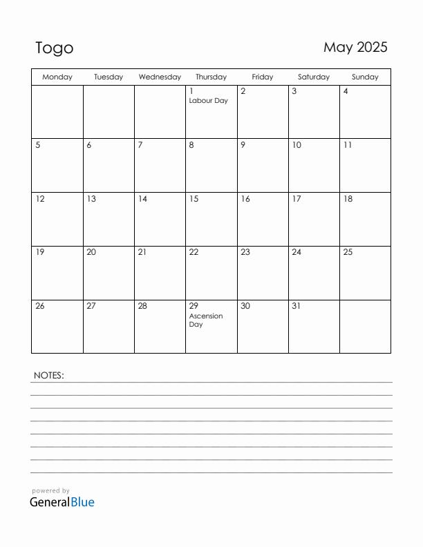 May 2025 Togo Calendar with Holidays (Monday Start)