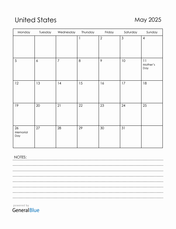 May 2025 United States Calendar with Holidays (Monday Start)