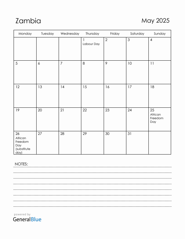 May 2025 Zambia Calendar with Holidays (Monday Start)