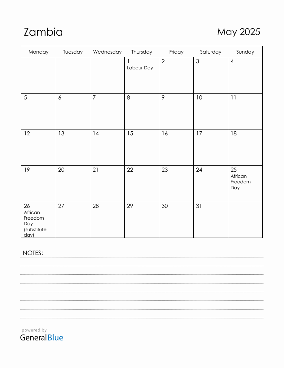 May 2025 Zambia Calendar with Holidays