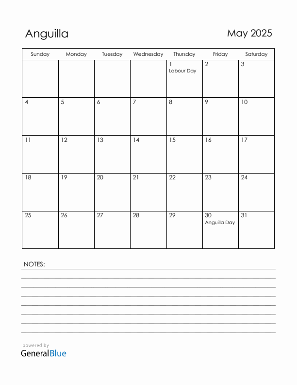 May 2025 Anguilla Calendar with Holidays (Sunday Start)