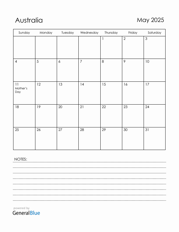 May 2025 Australia Calendar with Holidays (Sunday Start)