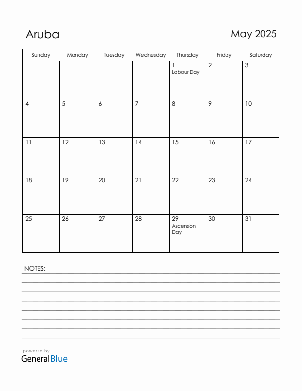 May 2025 Aruba Calendar with Holidays (Sunday Start)