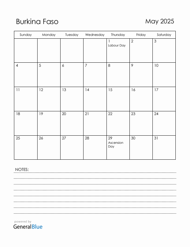 May 2025 Burkina Faso Calendar with Holidays (Sunday Start)