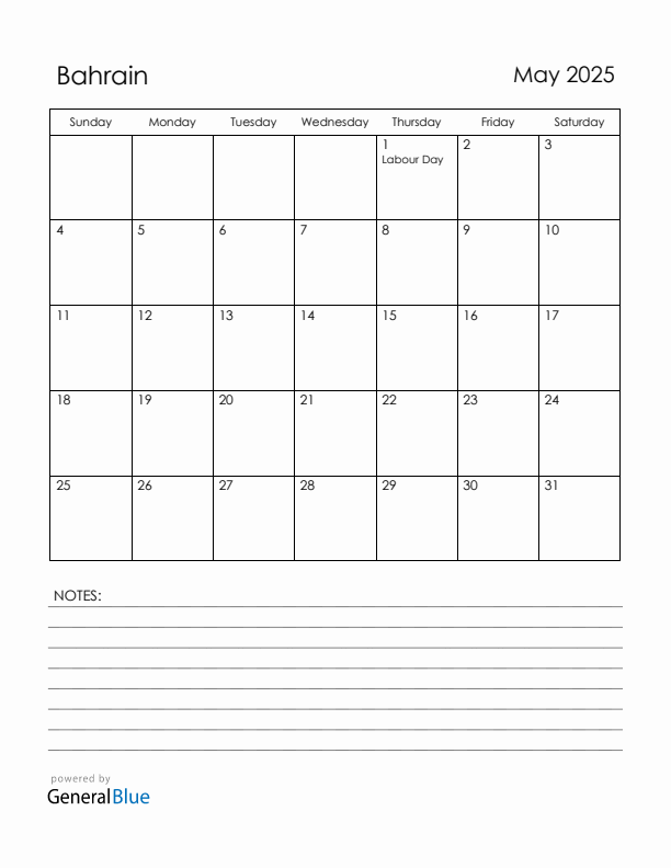 May 2025 Bahrain Calendar with Holidays (Sunday Start)