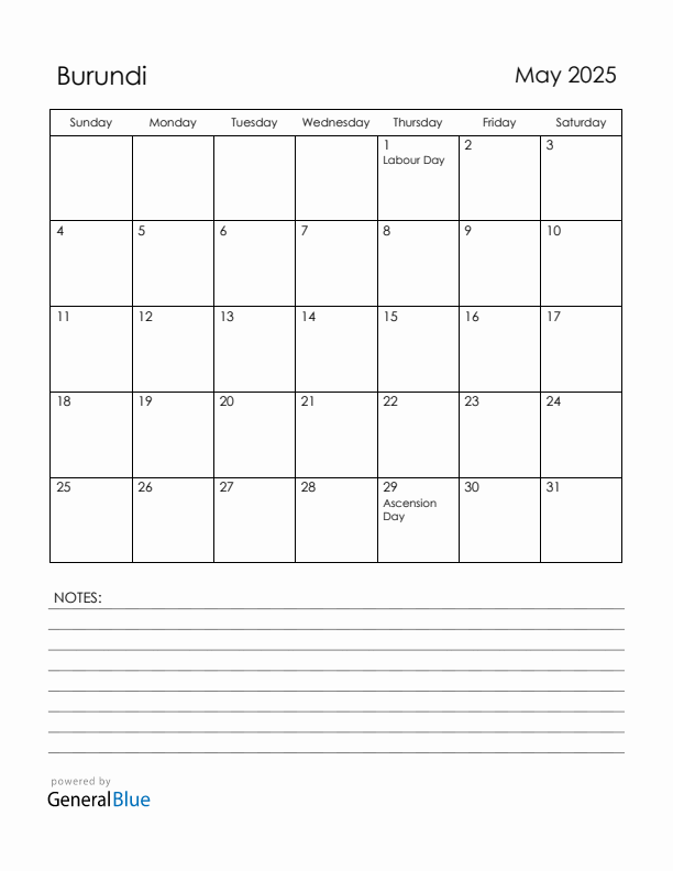 May 2025 Burundi Calendar with Holidays (Sunday Start)