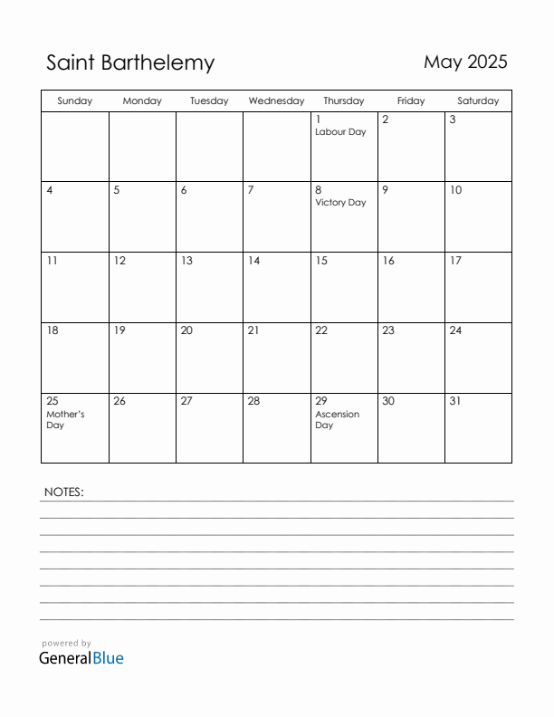 May 2025 Saint Barthelemy Calendar with Holidays (Sunday Start)
