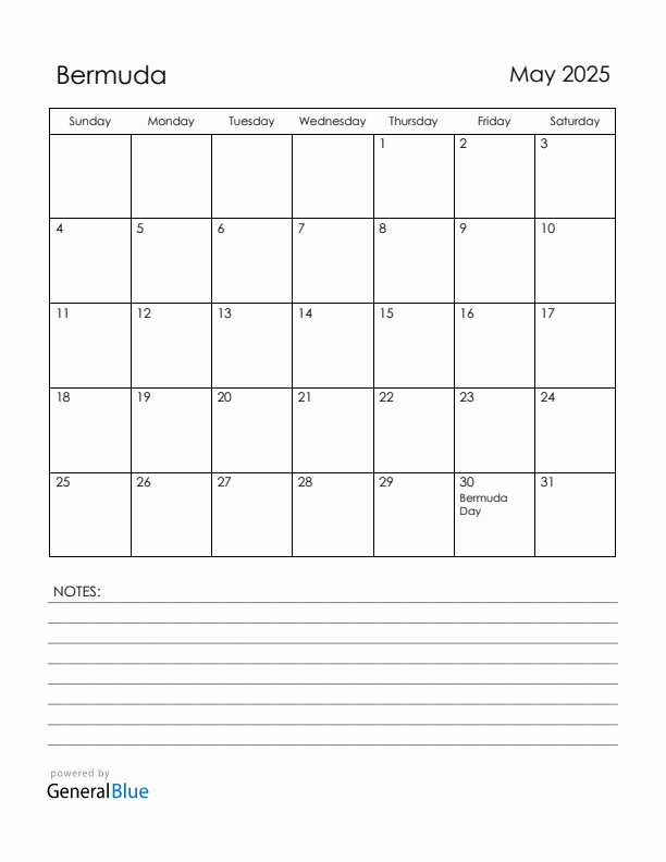 May 2025 Bermuda Calendar with Holidays (Sunday Start)