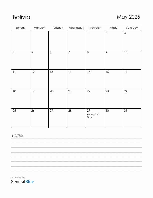 May 2025 Bolivia Calendar with Holidays (Sunday Start)