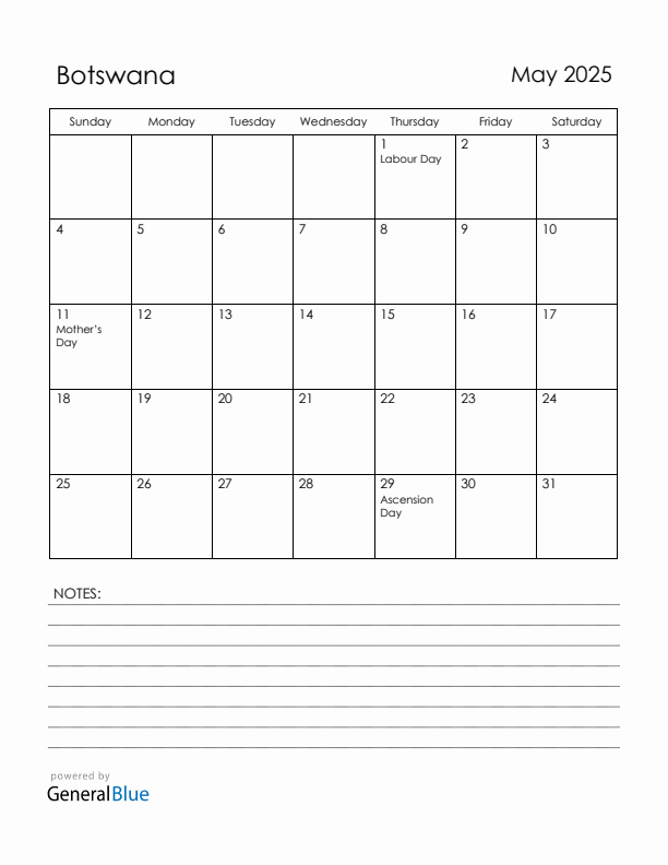 May 2025 Botswana Calendar with Holidays (Sunday Start)