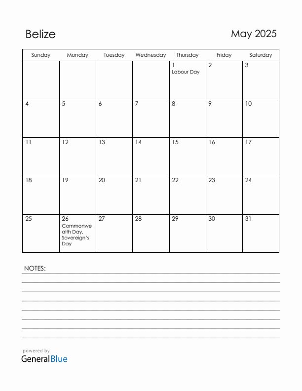 May 2025 Belize Calendar with Holidays (Sunday Start)