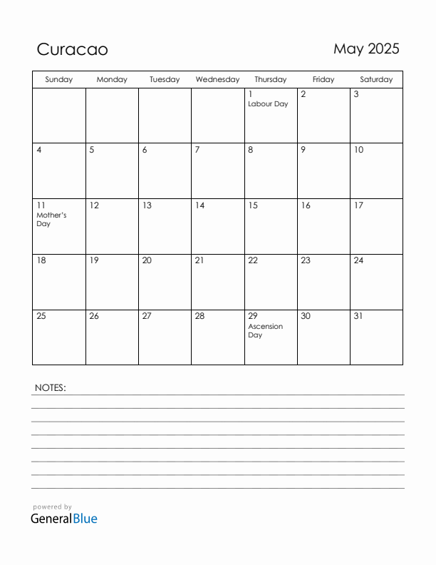 May 2025 Curacao Calendar with Holidays (Sunday Start)