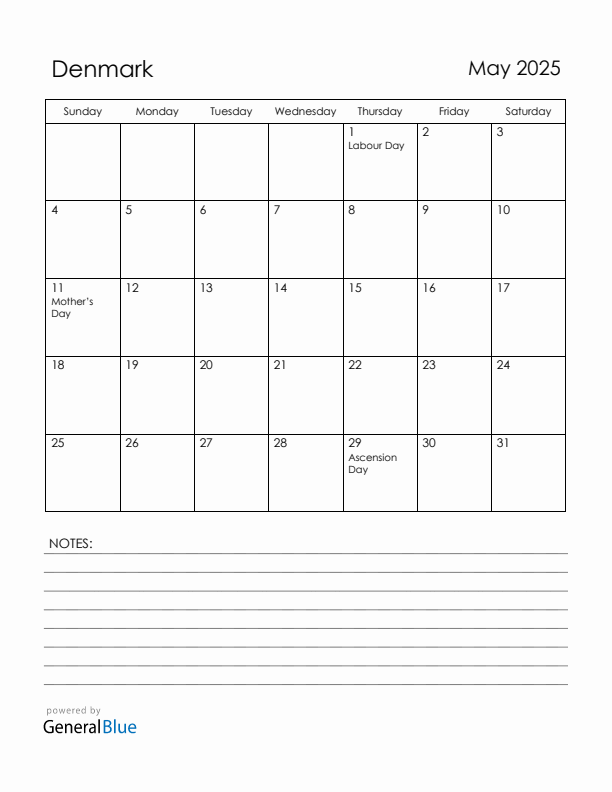 May 2025 Denmark Calendar with Holidays (Sunday Start)