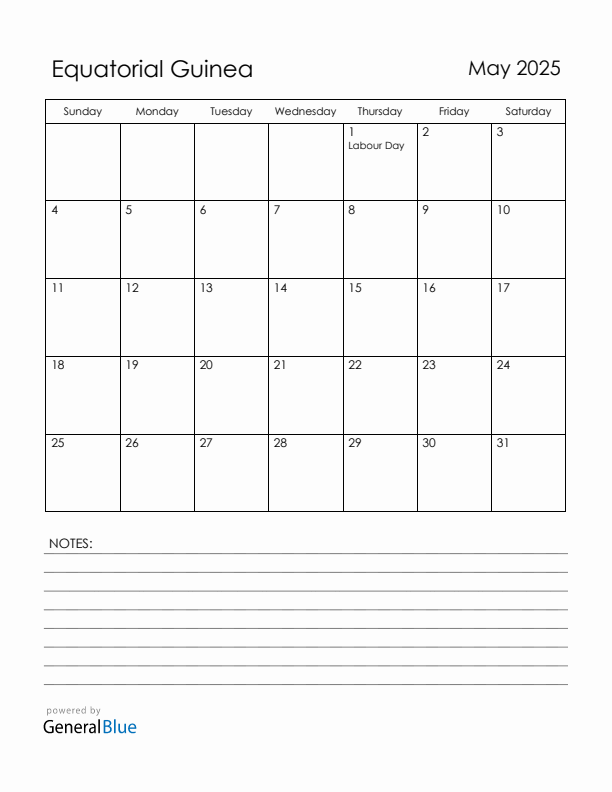 May 2025 Equatorial Guinea Calendar with Holidays (Sunday Start)