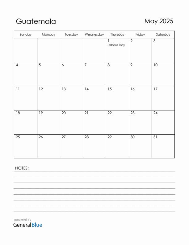 May 2025 Guatemala Calendar with Holidays (Sunday Start)