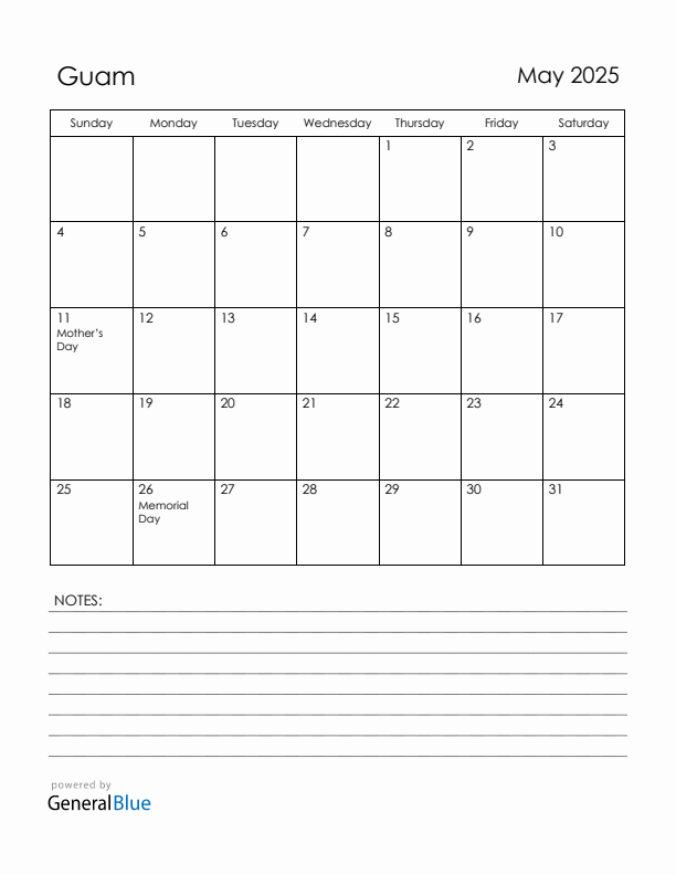 May 2025 Guam Calendar with Holidays (Sunday Start)