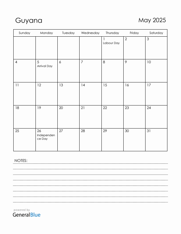 May 2025 Guyana Calendar with Holidays (Sunday Start)