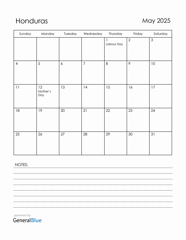 May 2025 Honduras Calendar with Holidays (Sunday Start)