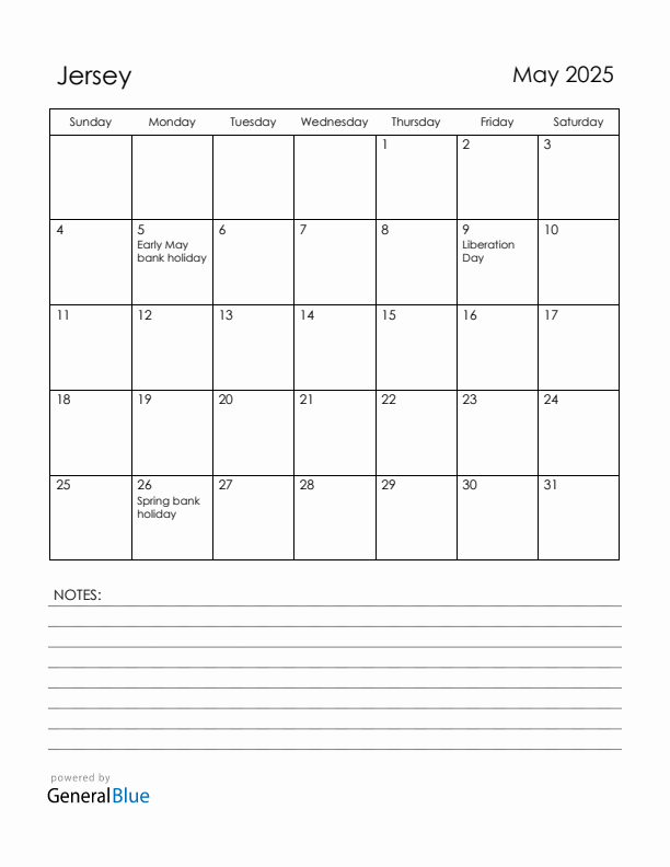 May 2025 Jersey Calendar with Holidays (Sunday Start)