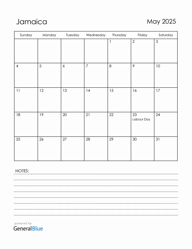 May 2025 Jamaica Calendar with Holidays (Sunday Start)