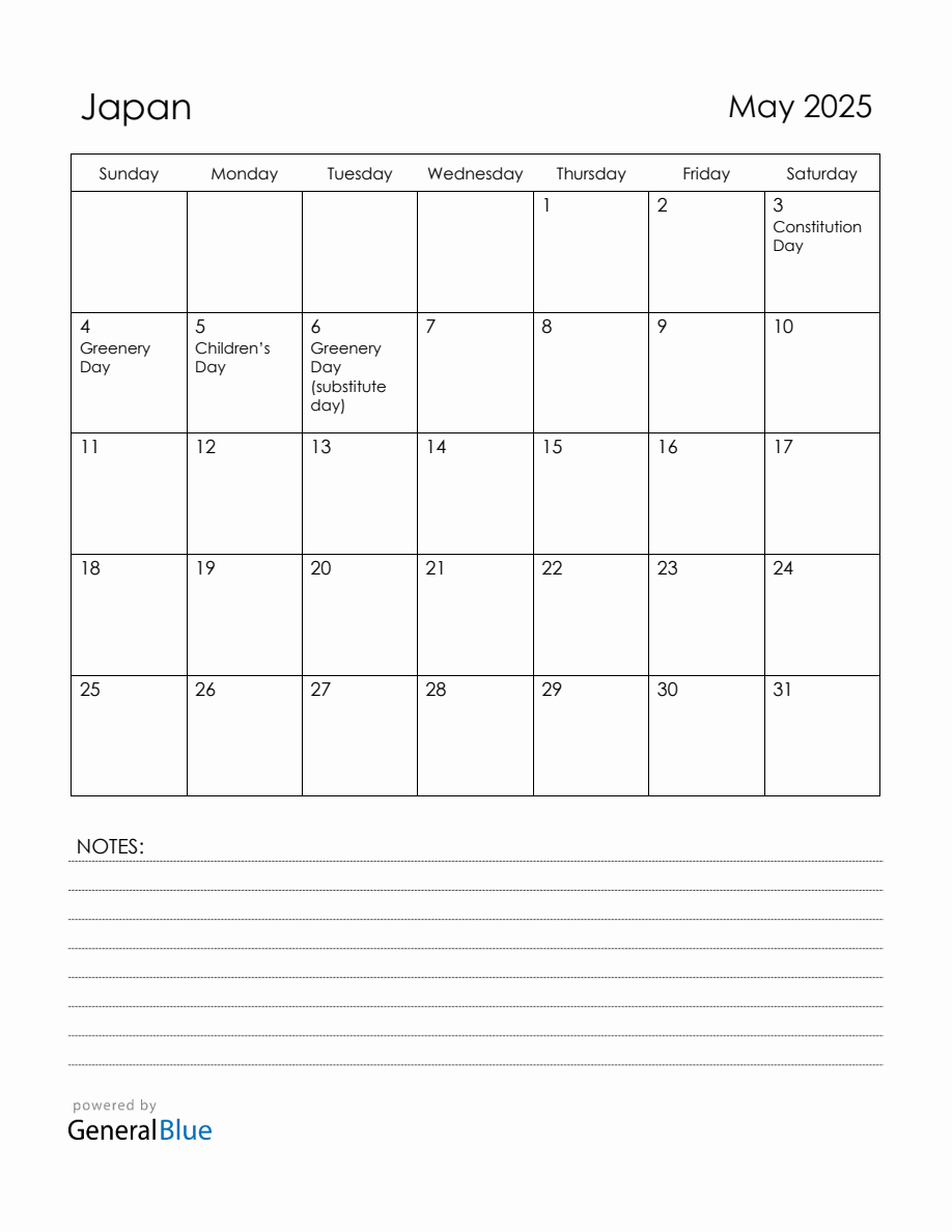 May 2025 Japan Calendar with Holidays