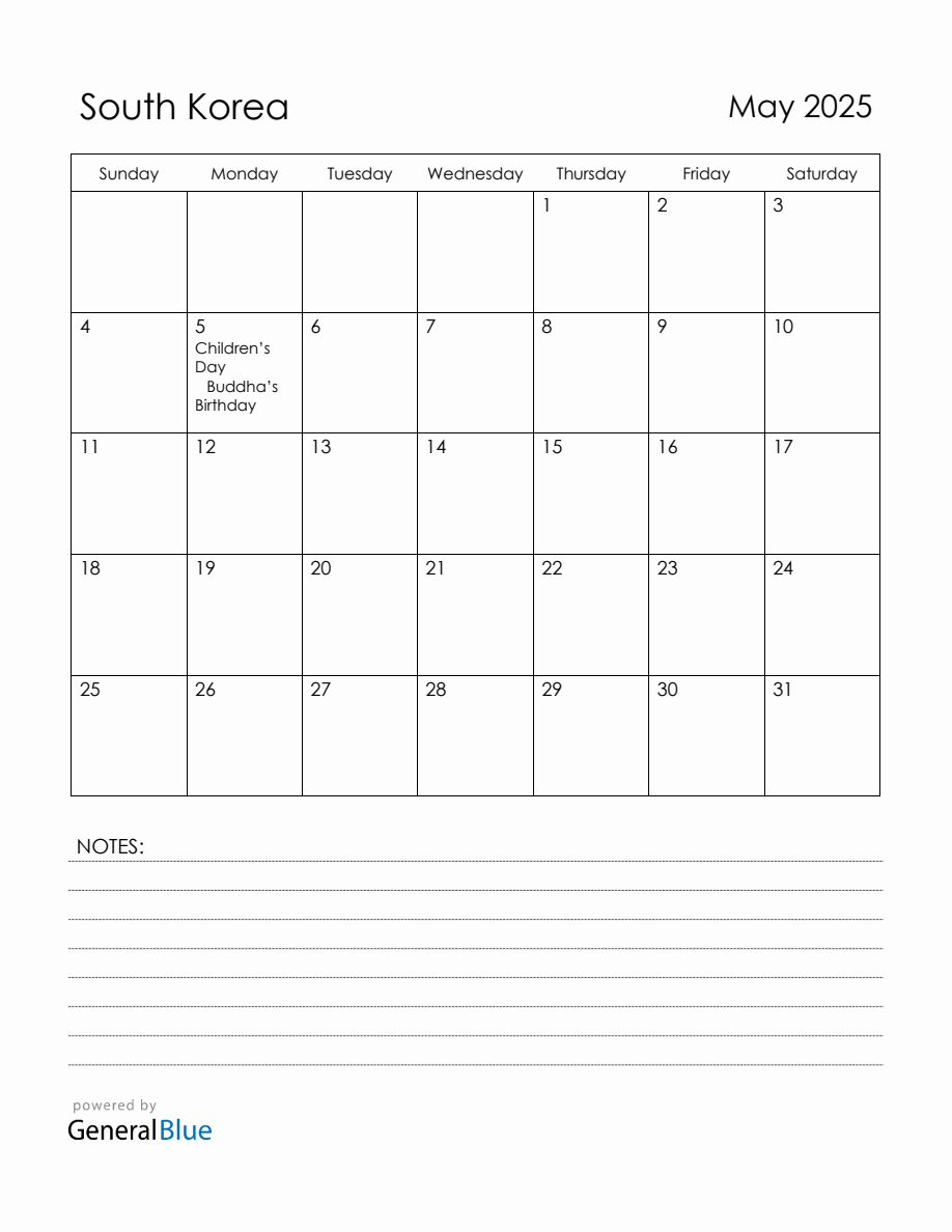 May 2025 South Korea Calendar with Holidays