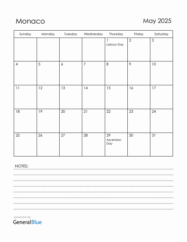 May 2025 Monaco Calendar with Holidays (Sunday Start)