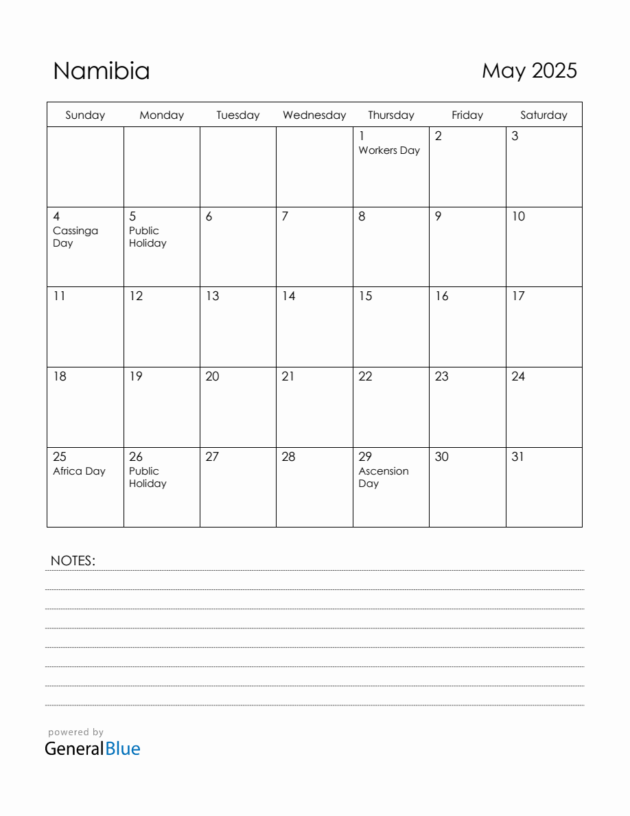 May 2025 Namibia Calendar with Holidays