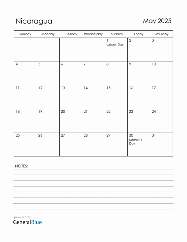 May 2025 Nicaragua Calendar with Holidays (Sunday Start)