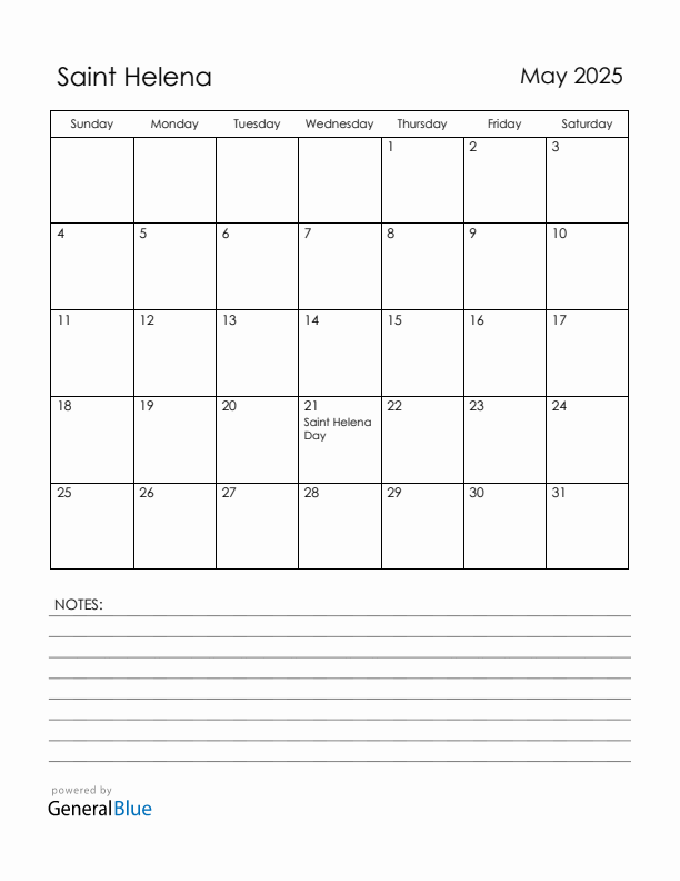 May 2025 Saint Helena Calendar with Holidays (Sunday Start)