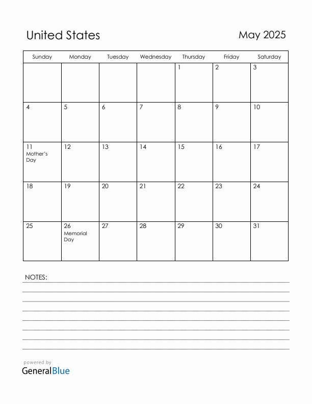 May 2025 United States Calendar with Holidays (Sunday Start)