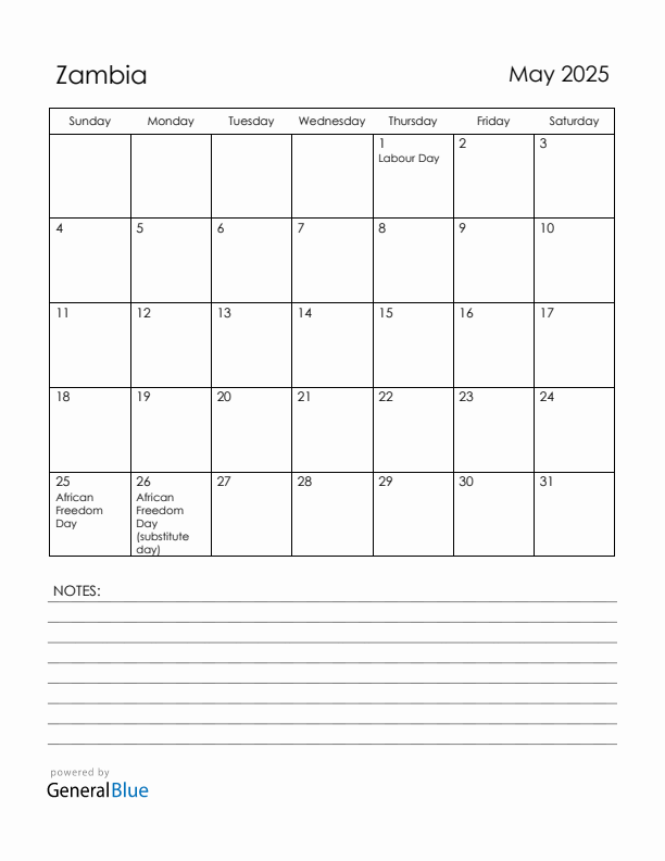 May 2025 Zambia Calendar with Holidays (Sunday Start)