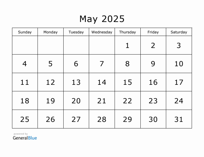 Printable May 2025 Calendar - Sunday Start