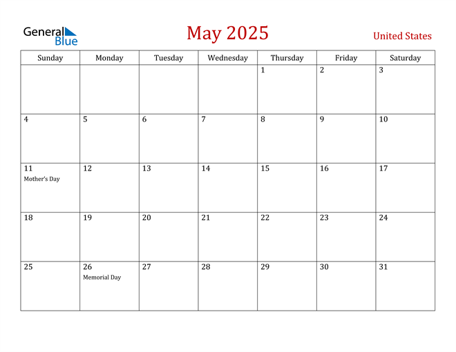 United States May 2025 Calendar