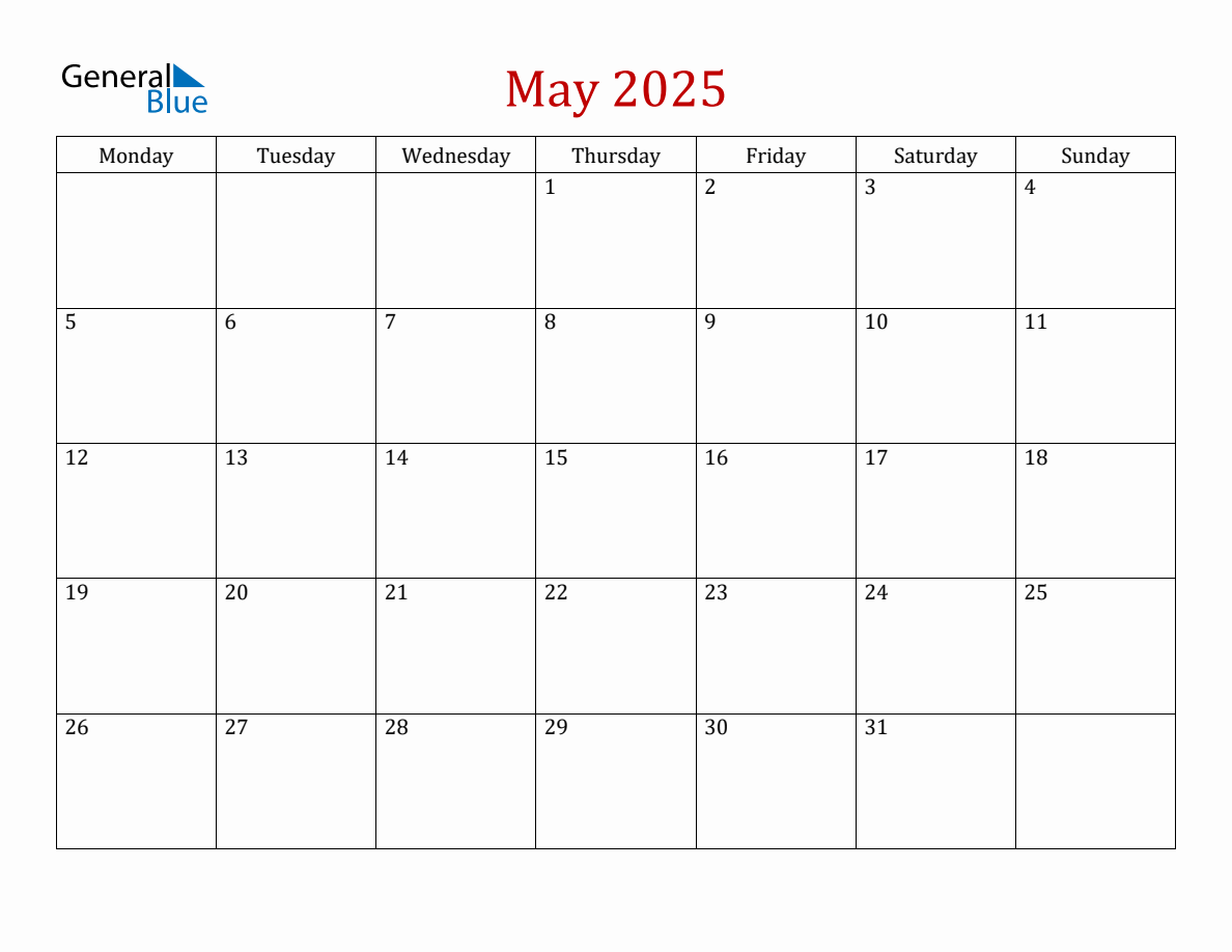 May 2025 Simple Calendar with Monday Start