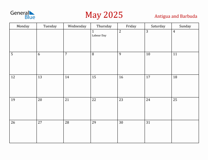 Antigua and Barbuda May 2025 Calendar - Monday Start