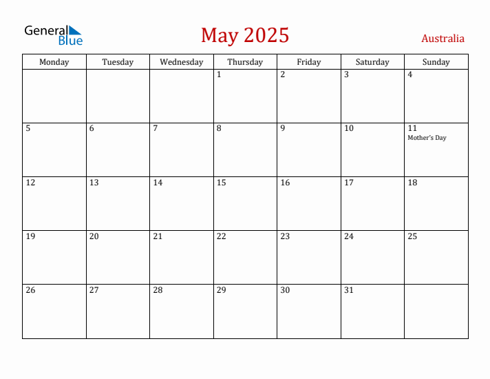 Australia May 2025 Calendar - Monday Start