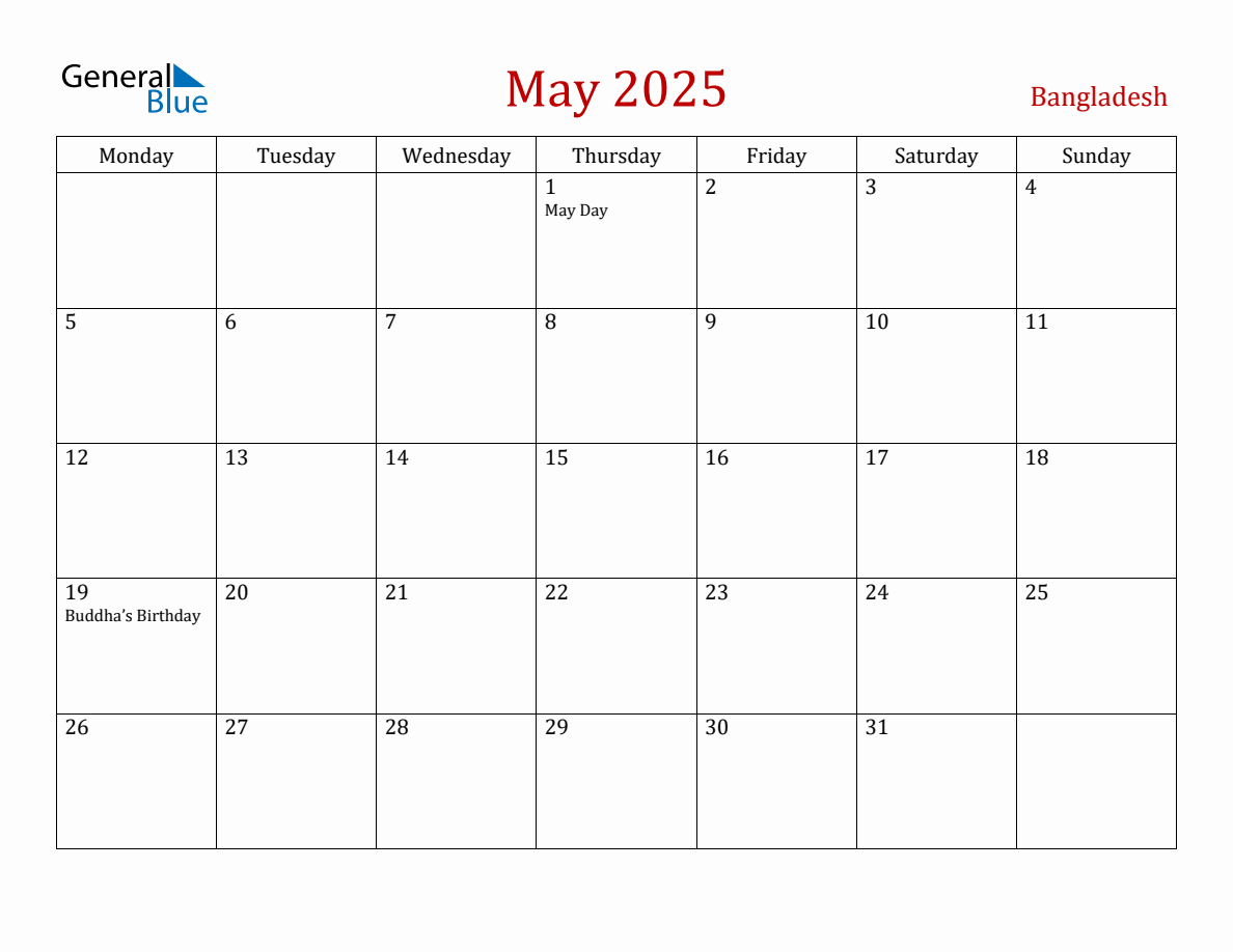 May 2025 Bangladesh Monthly Calendar with Holidays