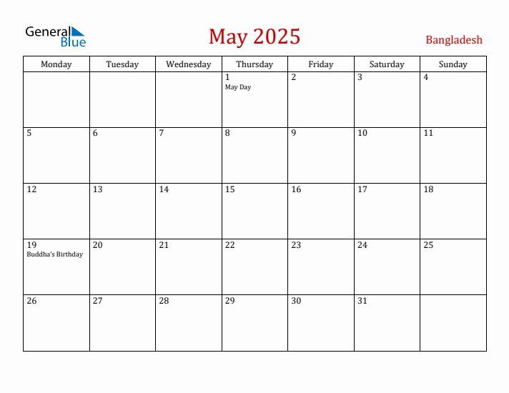Bangladesh May 2025 Calendar - Monday Start
