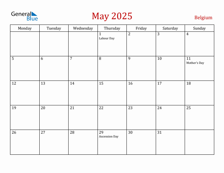 Belgium May 2025 Calendar - Monday Start