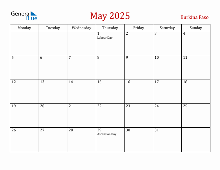 Burkina Faso May 2025 Calendar - Monday Start
