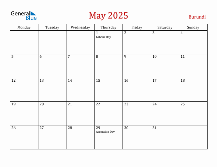 Burundi May 2025 Calendar - Monday Start