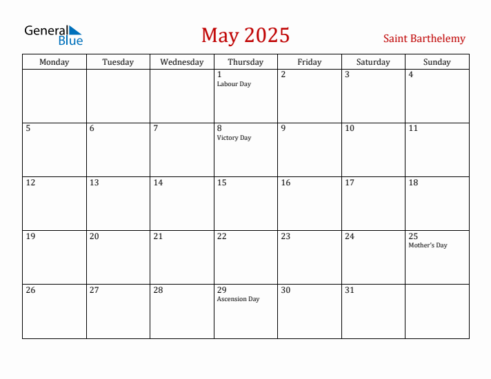 Saint Barthelemy May 2025 Calendar - Monday Start