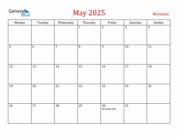 Bermuda May 2025 Calendar - Monday Start