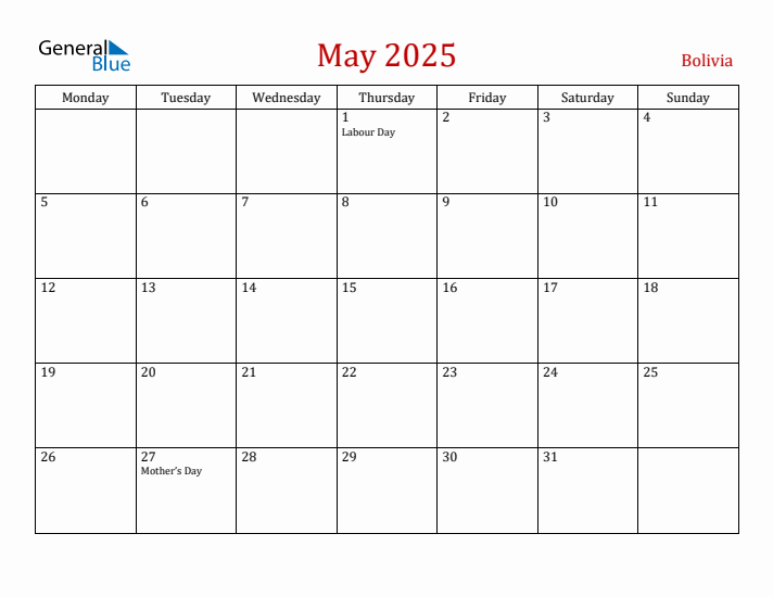 Bolivia May 2025 Calendar - Monday Start